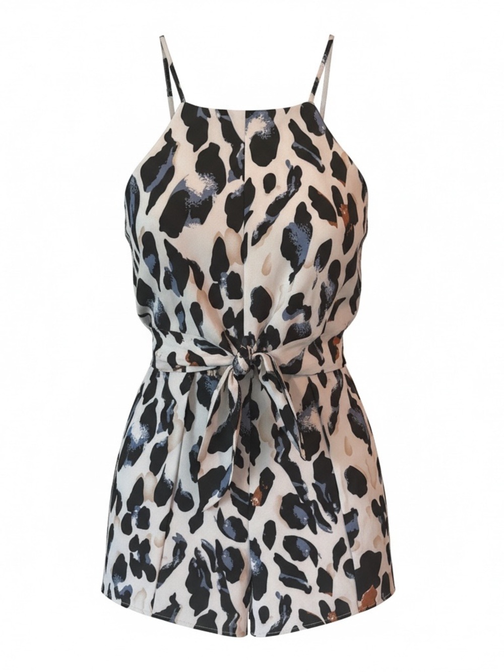 She + Sky Leopard Print Tie-Waist Romper Size Small | Sleeveless Animal Print